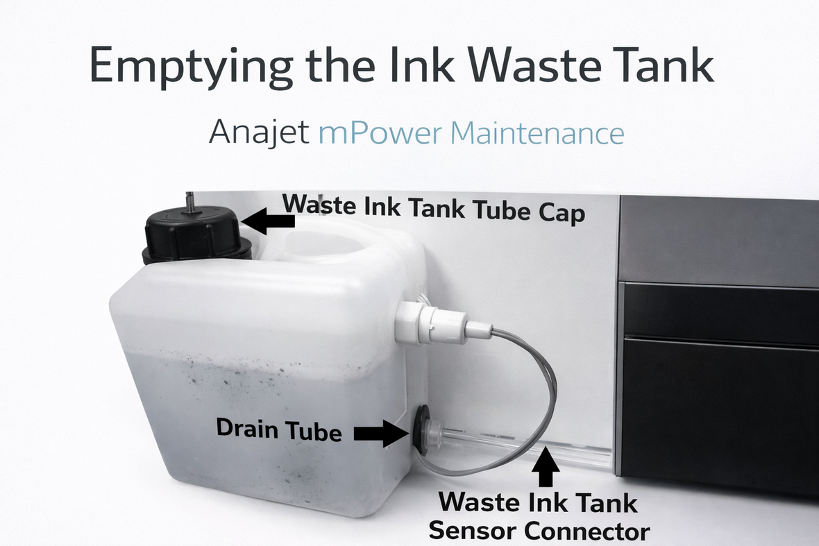 Emptying the ink waste tank on the Anajet Mpower