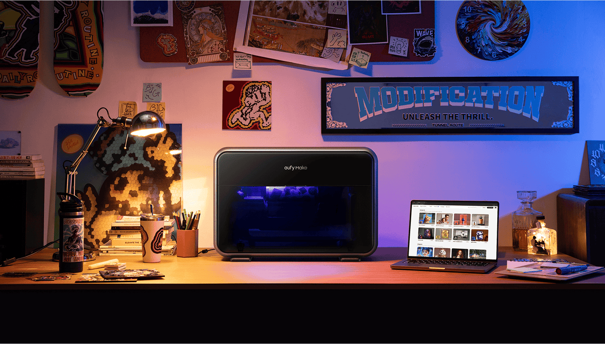 eufyMake uv dtf direct to object desktop printer in a room with macbook next to it ready to print 3d textured objects