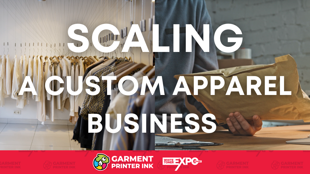 Scaling a custom apparel business – Image showing a growing apparel business with neatly organized racks of clothing and a person packaging products