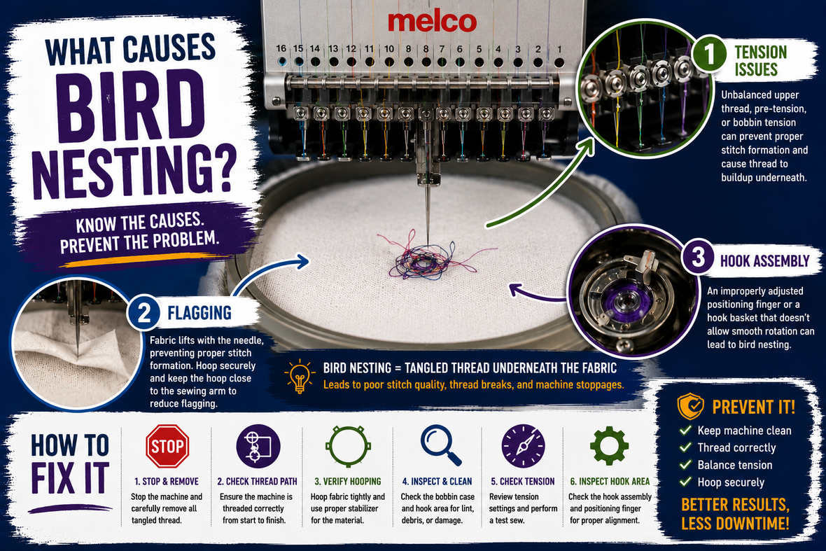 What causes birdnesting on an embroidery machine?