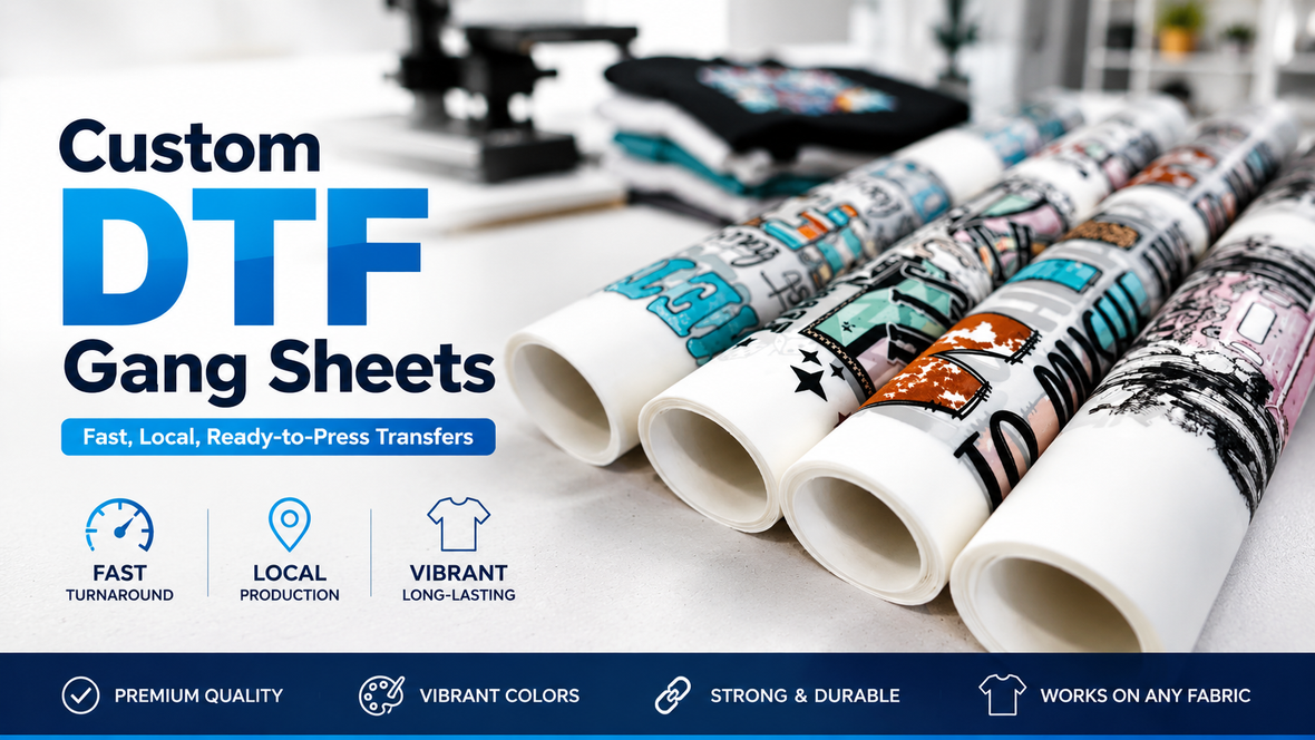 Custom DTF gang sheets printed for ready-to-press apparel transfers with fast local production from GPI Supplies.