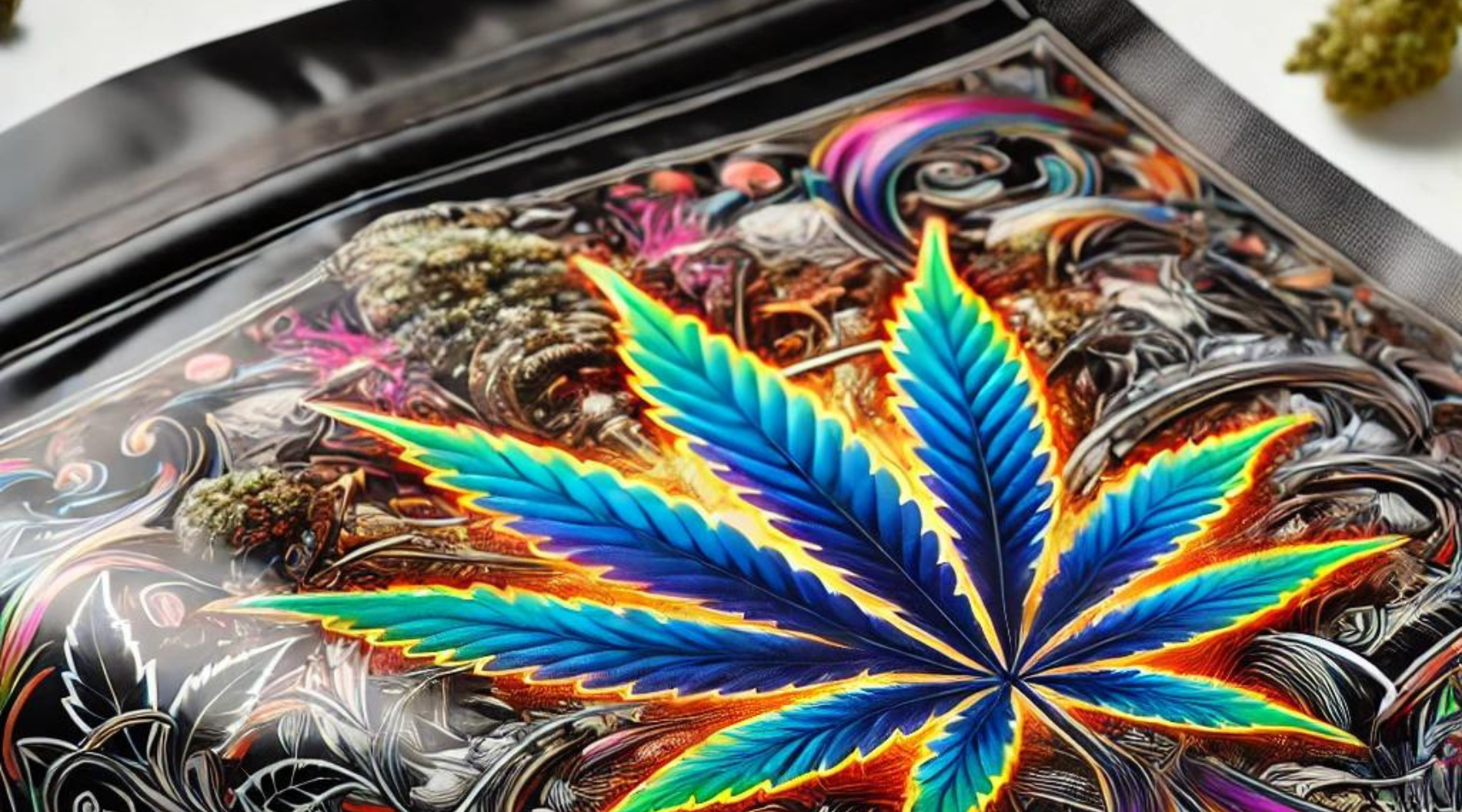 A close-up image of a black mylar cannabis packaging bag with vibrant and high-quality cannabis artwork