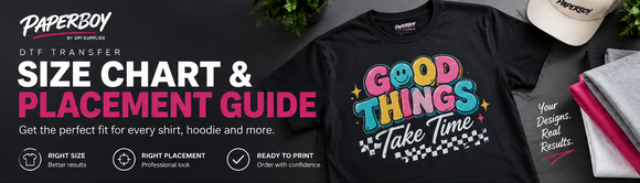 DTF transfer size chart and placement guide for shirts, hoodies, left chest logos, sleeves, and back prints