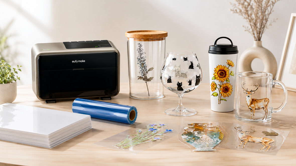 EufyMake E1 UV printer with UV DTF A/B film and finished custom transfers on mugs, glassware, tumblers, and hard-surface products