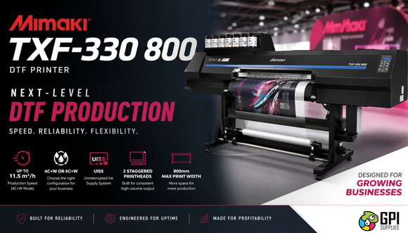 Mimaki TXF-330 800 DTF printer featured image showing production speed, ink configuration, and commercial printing capabilities
