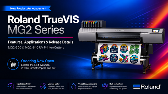 Roland TrueVIS MG2 Series UV printer/cutter featuring the MG2-300 and MG2-640, with wide-format graphics and specialty print applications.