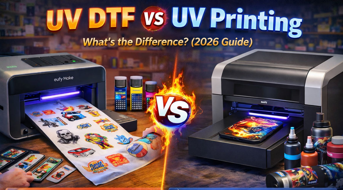 uv dtf vs uv printing image cut in two with graphics being printed on eufyMake UV DTF direct to object printer