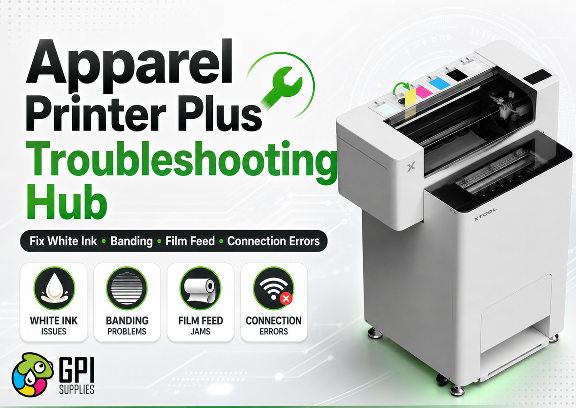 xTool Apparel Printer Plus troubleshooting hub for fixing white ink issues, banding, film feed jams and connection errors.