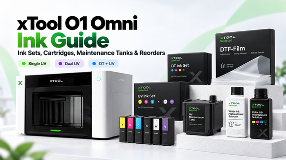 xTool O1 Omni Ink Guide featuring the O1 Omni printer with UV ink sets, DT fabric ink, ink cartridges, maintenance tank, DTF film, and pretreatment solutions.