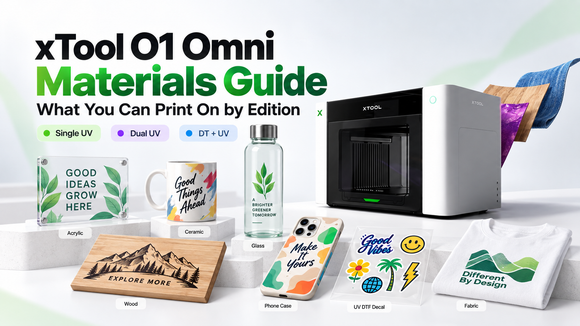 xTool O1 Omni Materials Guide showing the printer with printable materials including acrylic, ceramic, glass, wood, UV DTF decals, phone cases, and fabric by edition