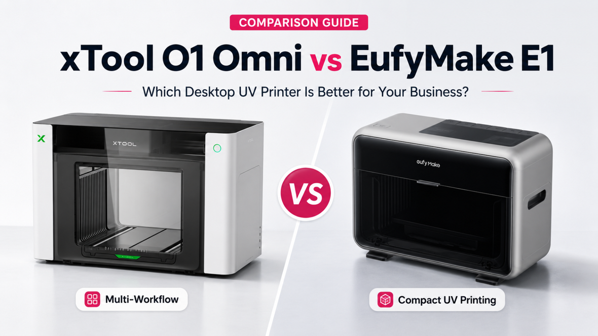 xTool O1 Omni and EufyMake E1 desktop UV printers side-by-side comparison guide for small business printing workflows.