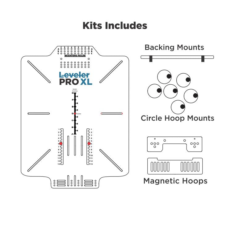 The Embroidery Hooping Leveler Pro XL Kit includes essential accessories such as large tubular hoops brackets and magnetic hoops brackets for optimal embroidery performance on larger projects.