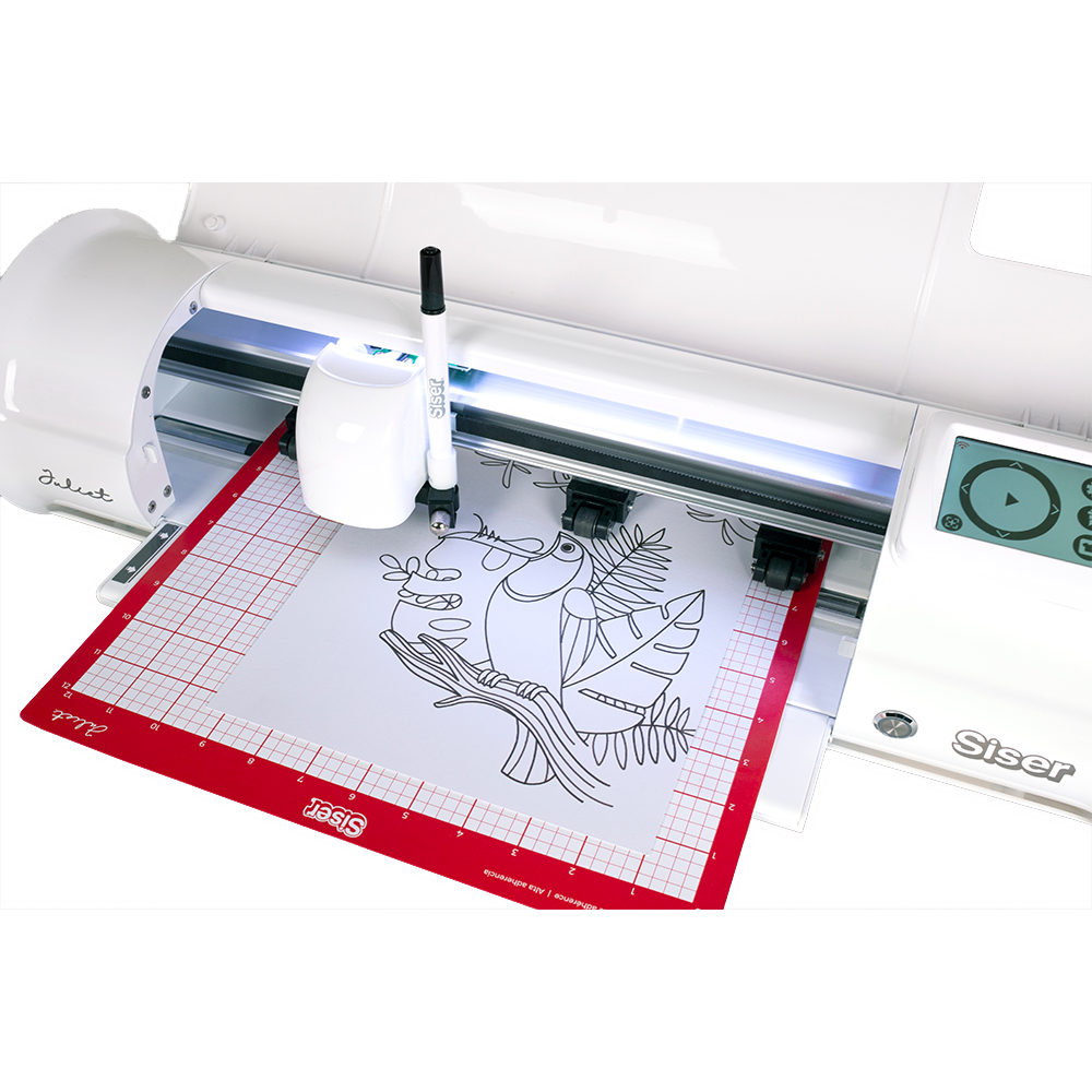 he image shows the Juliet cutter with a 2626 Marker Attachment. The attachment is visible, indicating the Juliet cutter's capability for precise marking and cutting on various materials