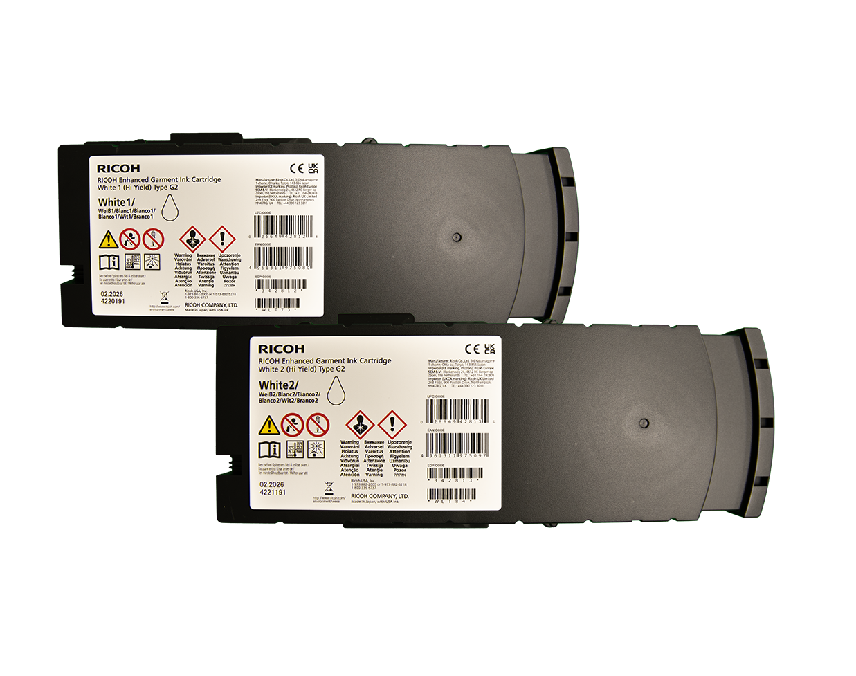 Cartridges of Ricoh DTG G2 Garment Ink in 200ml and 500ml high-yield sizes for direct to garment printing.