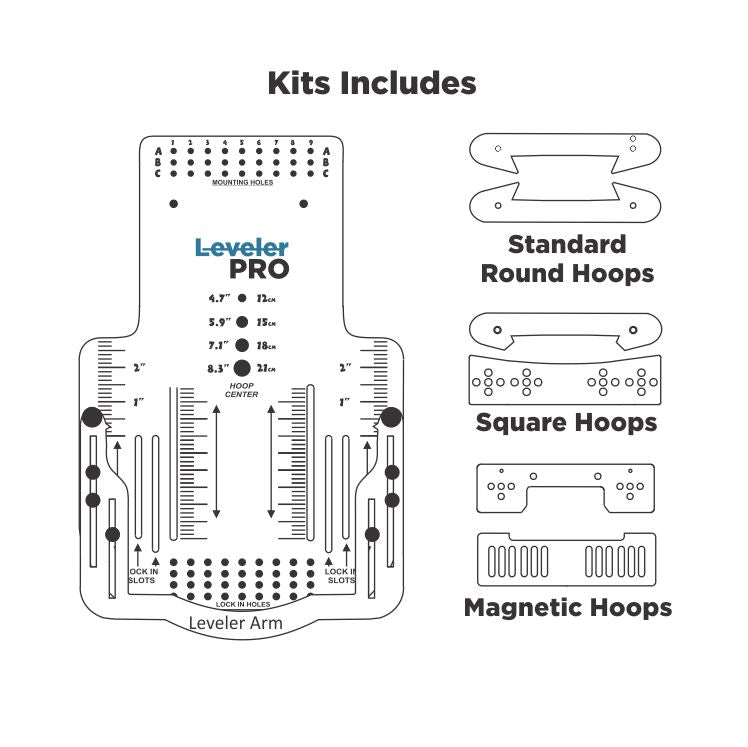 all the items included in the Tex-Inc Leveler Pro Kit, offering a comprehensive set of tools for achieving perfect embroidery hooping every time. Standard round hoops, square hoops, and magentic hoops included for versatile hooping