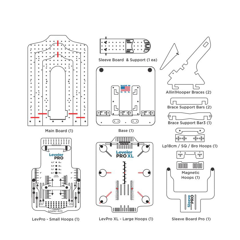 This image showcases all included items in the TexInc All-in-1 Hooper Pro Kit, providing a comprehensive solution for all your embroidery needs.