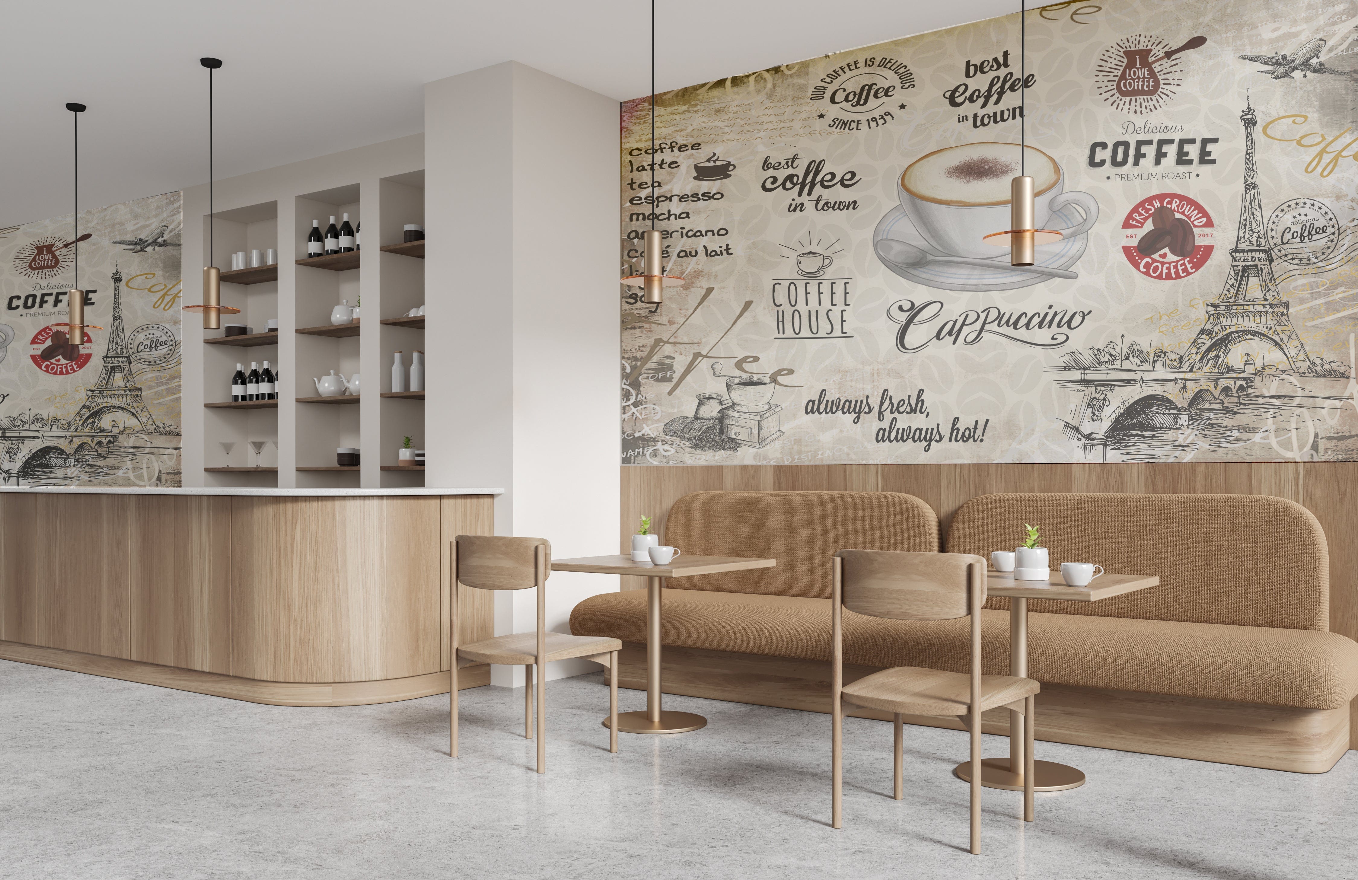 Coffee shop interior wall graphics printed using the Mutoh HydrAton 1642 64-inch water-based UV roll-to-roll printer with AQUAFUZE ink technology.